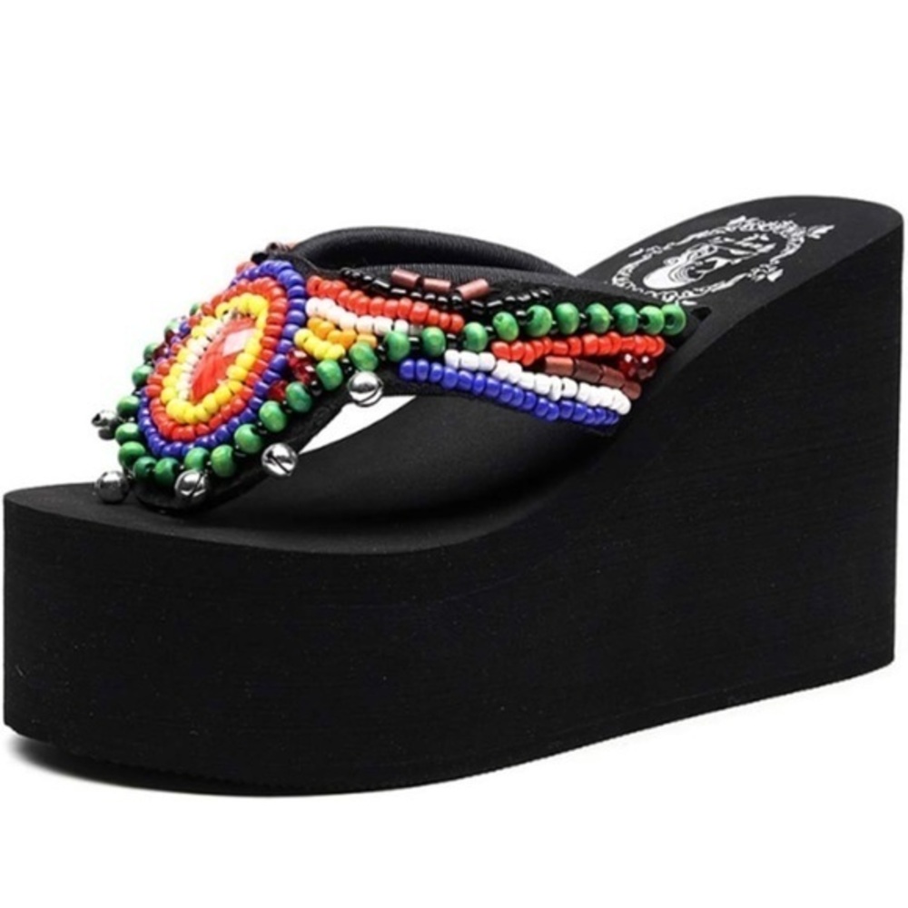 Adorable beaded super high heeled flip flops with tiny silver bells